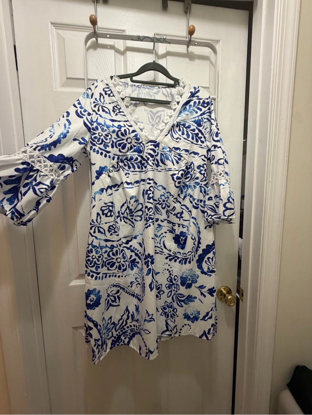 White & Blue Floral V-Neck Tunic Dress